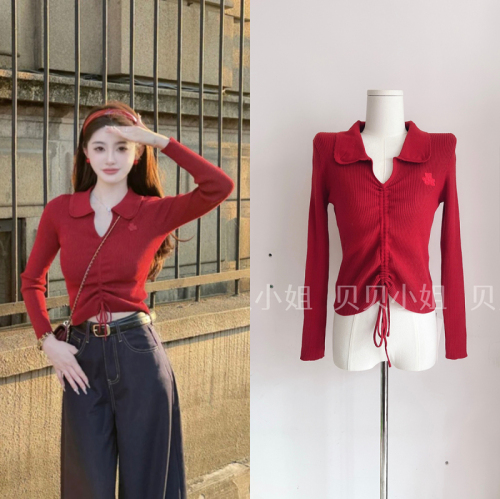 Red high-end V-neck embroidered sweater for women, autumn drawstring waist, chic Polo shirt, slim inner top