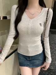 533#Real Shot 40 Count Pure Cotton 92 Cotton/8 Spandex 2024 Autumn Long Sleeve T-Shirt Women's V Embroidered Letter