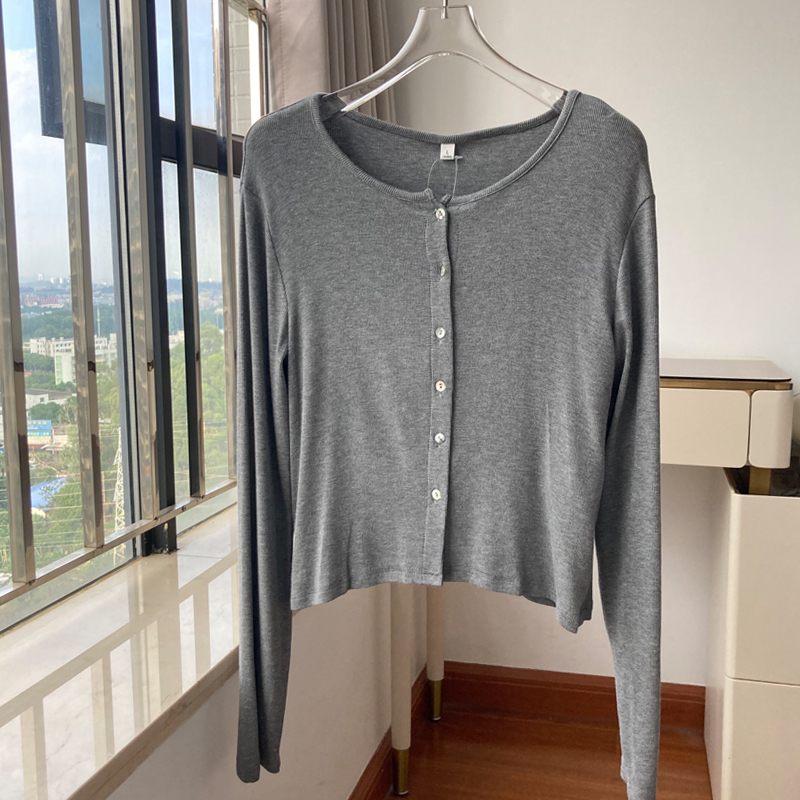 Spring, Autumn and Winter New Style Gray Round Neck Long Sleeve Cardigan Women's American Slim Fit Short Style Western Style Shirt Jacket