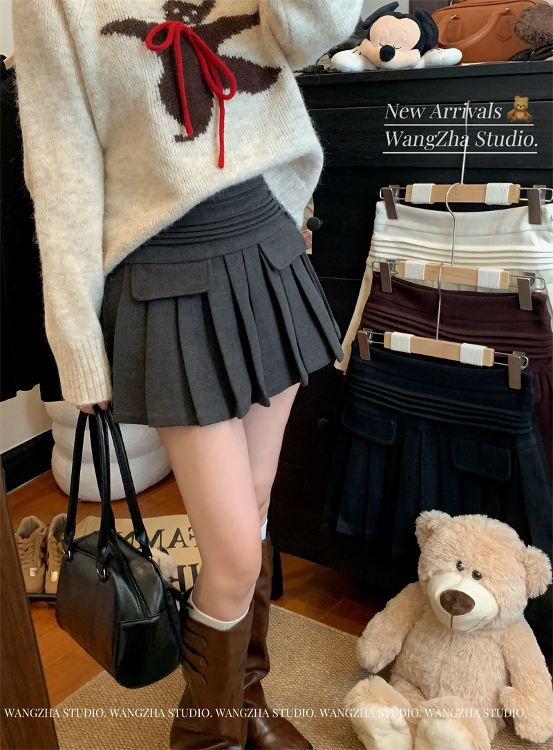 Photographed Autumn/Winter New Woolen Pleated Pocket Skirt Unique Style High-Waist Slimming Semi-Skirt