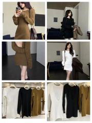 Korean Dongdaemun hottie long-sleeved dress female bottoming hip skirt backless slimming versatile short skirt
