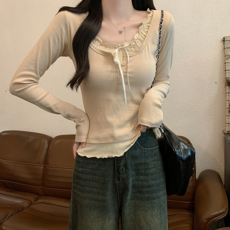 Real shot threaded 220g long-sleeved T-shirt women's trendy spring and autumn thin slim fit fake two-piece bottoming shirt round neck top