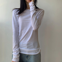 New spring and autumn white long-sleeved T-shirt for women pure cotton Hong Kong style slim-fit slightly see-through curled bottoming shirt slimming ins top