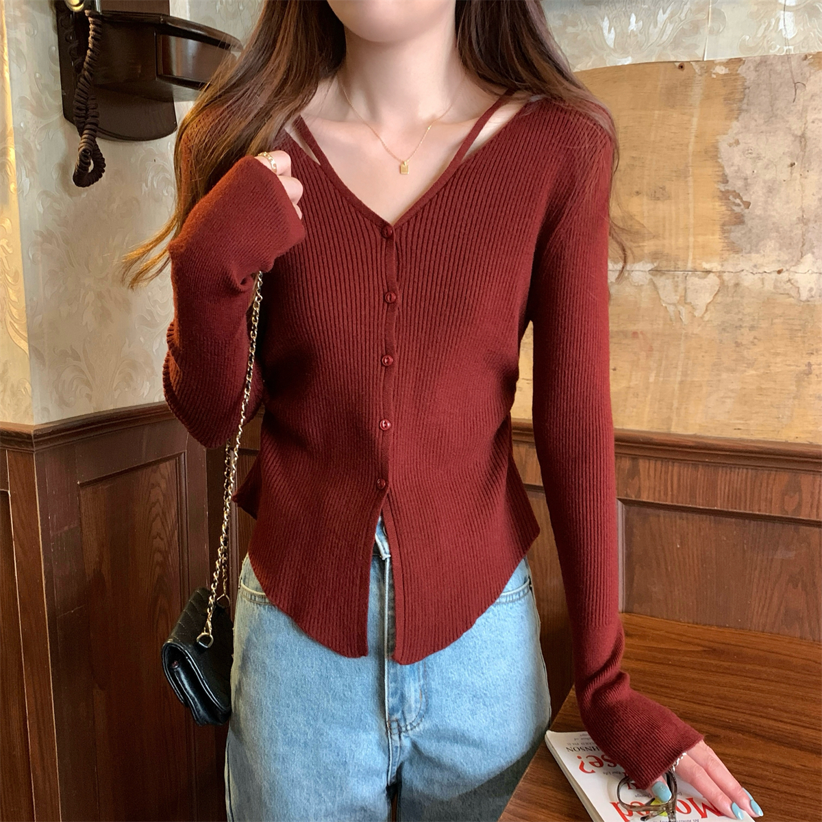Real shot of autumn and winter Korean style temperament v-neck pleated slimming Andy velvet sweater bottoming cardigan sweater jacket
