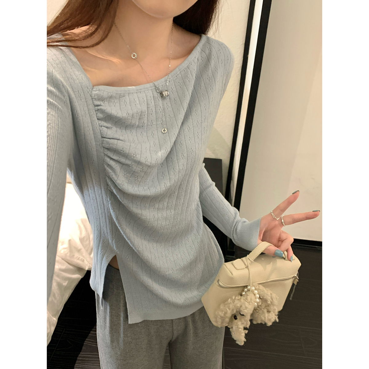 Real shot of autumn and winter Korean style irregular jacquard design 6 wool sweater bottoming long-sleeved sweater for women