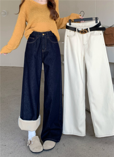 Photographed~ Fleece-lined and thickened denim jeans for autumn and winter, composite fleece slim-fit narrow-leg pants, slimming loose straight-leg ground-length pants