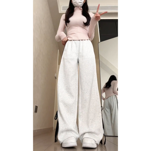 Spot American retro gray bow sweatpants high-waisted loose wide-leg pants striped casual sports pants straps trendy