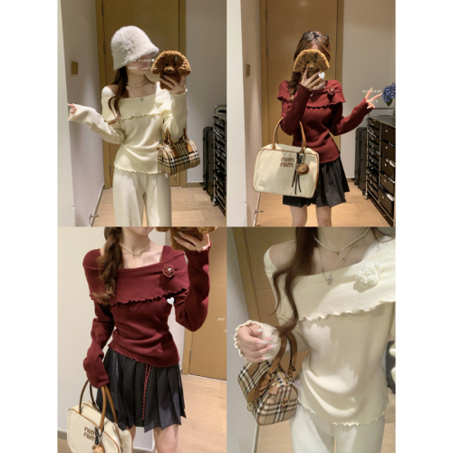 Actual shot of autumn and winter Korean style slim fit one-shoulder ear-edge Andy velvet knitted bottoming sweater top