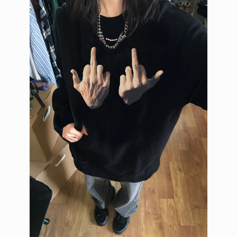 Middle finger raised, disdain printed genderless sweatshirt for women, spring wear, ins trendy brand jacket, lazy style oversize top
