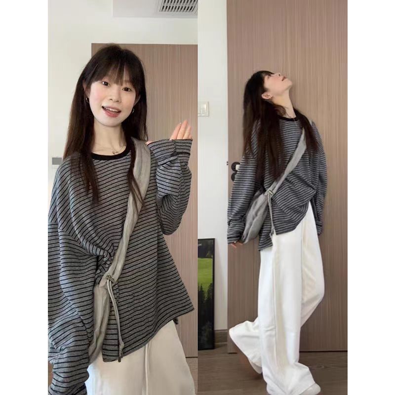 American striped round neck long-sleeved T-shirt for women spring and autumn new Korean style loose lazy Hong Kong style chic bottoming top