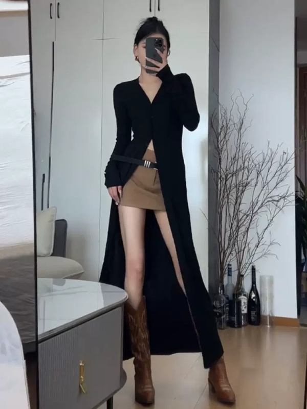 V-neck sweater early autumn new style women's slim and elegant long cardigan paired with a high-end sweater jacket