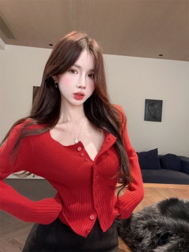 Square collar elegant long-sleeved knitted waist cardigan top + versatile slimming slit skirt pants