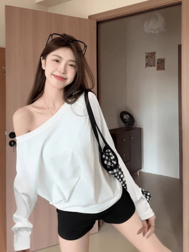 Cross-border TEMU 210g pure cotton threaded long-sleeved T-shirt for women spring, autumn and winter bottoming shirt with oblique off-shoulder one-line collar