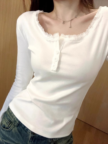 Cross-border TEMU1*1 thread 270g Pure Desire Lace Bottoming Shirt Women's Collarbone Right Shoulder Square Neck Top