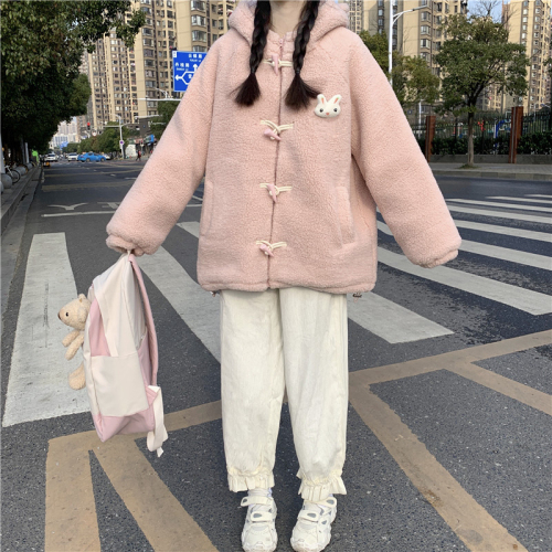 Winter 2024 new Korean style loose thickened imitation lamb wool hooded horn button long-sleeved cotton jacket for women