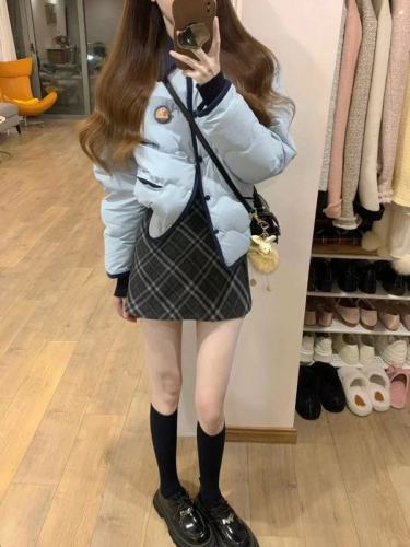 Autumn and winter Korean corduroy contrasting color cotton short jacket lapel top retro plaid slimming skirt