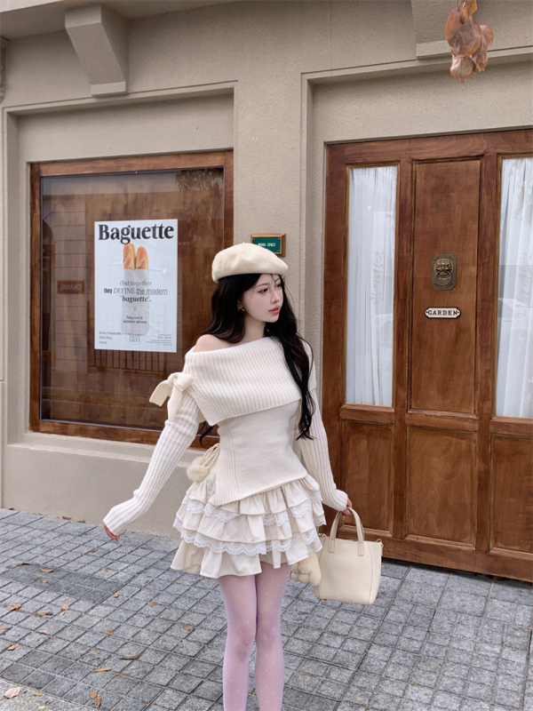Aihoro Shiroi Koibito One Shoulder Bow Sweater Women's Pure Desire Slim Knitted Top
