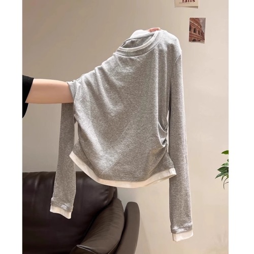 Spot fake two-piece spliced ​​long-sleeved bottoming shirt, right shoulder slim pleated T-shirt top