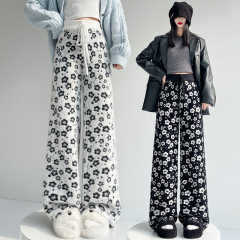 實拍加絨加厚軟糯水貂絨繡花針織闊腿褲女秋冬高腰垂感顯瘦休閒褲