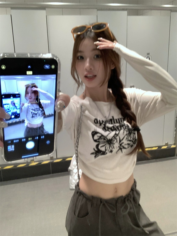 English Butterfly Print Long Sleeve T Korean Style New Niche American Retro Short Top Women's Fashion