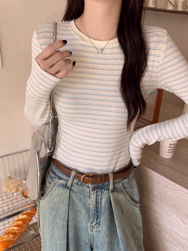 Retro Apricot Striped Slim Long Sleeve T-Shirt Women's Round Neck Bottoming Shirt