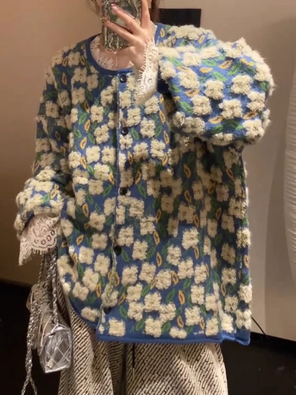 寬鬆慵懶風圓領提花開衫外套女休閒百搭獨特别致時髦針織開衫毛衣