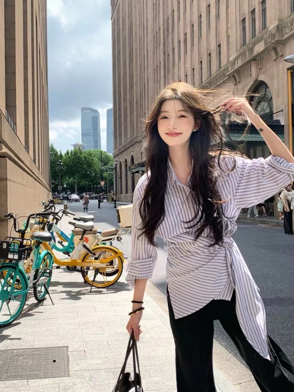 2024 autumn high-end design irregular striped long-sleeved shirt tops