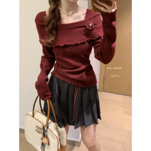 Actual shot of autumn and winter Korean style slim fit one-shoulder ear-edge Andy velvet knitted bottoming sweater top
