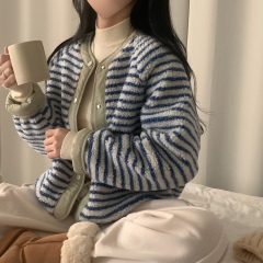 Korean autumn and winter new striped plush coat loose contrasting color reversible retro versatile short coat