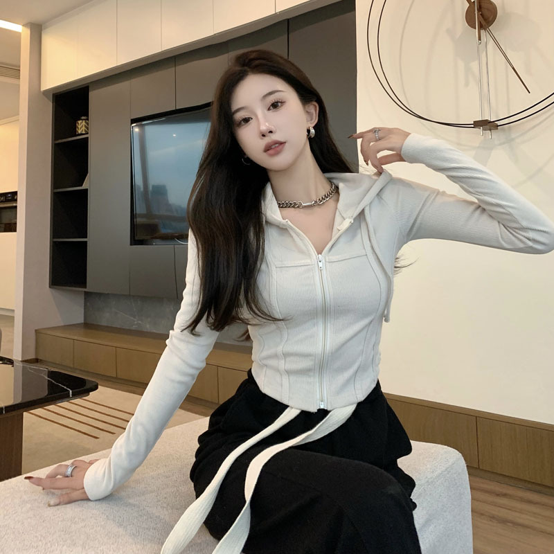 Slim-fitting hooded knitted zipper cardigan short long-sleeved T-shirt top jacket