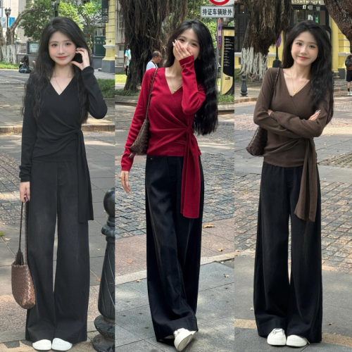 Modified version of petite high-end cross strap long-sleeved top for women