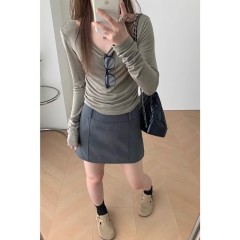 ThreeH lazy feel pleated bottoming 3-color spring and summer thin slim waist slimming versatile long-sleeved top