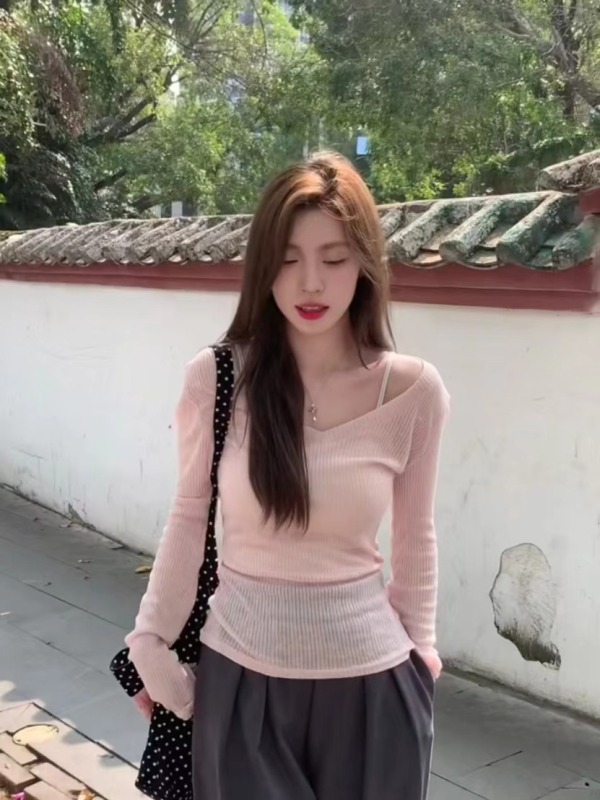 Pink V-neck Slightly Translucent Sunscreen T-Shirt Women's Summer Hot Girl Slim Slim Blouse Gauze Long Sleeve Top