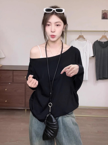 Cross-border TEMU 210g pure cotton threaded long-sleeved T-shirt for women spring, autumn and winter bottoming shirt with oblique off-shoulder one-line collar