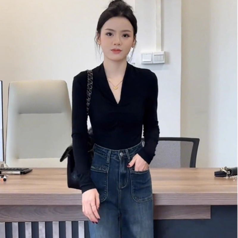 American sexy deep V-neck inner top for women 2024 autumn and winter slim pure desire long-sleeved T-shirt bottoming shirt