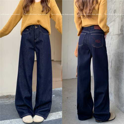 Photographed~ Fleece-lined and thickened denim jeans for autumn and winter, composite fleece slim-fit narrow-leg pants, slimming loose straight-leg ground-length pants