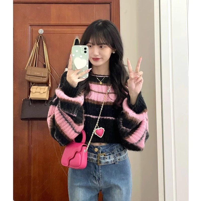 French style lazy destruction style sweater for women spring and autumn small long-sleeved striped sweater sweet and spicy short top spring and autumn