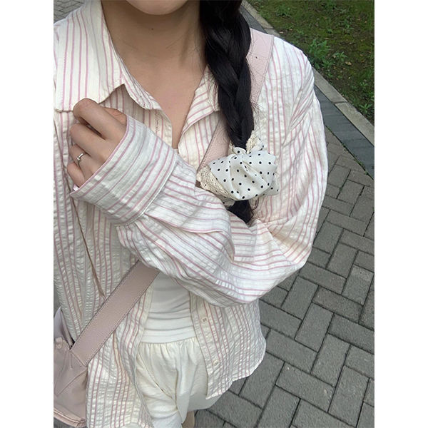 High-end light luxury pure cotton striped shirt for women, super sweet and spicy, loose and versatile, slim, mid-length, trendy shoulder-length shirt