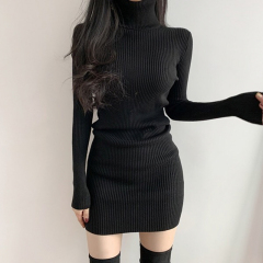 New hip-hugging sweater skirt with coat autumn and winter black inner bottoming high-neck knitted dress for women