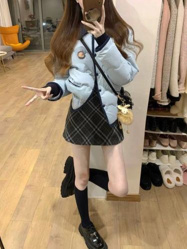 Autumn and winter Korean corduroy contrasting color cotton short jacket lapel top retro plaid slimming skirt