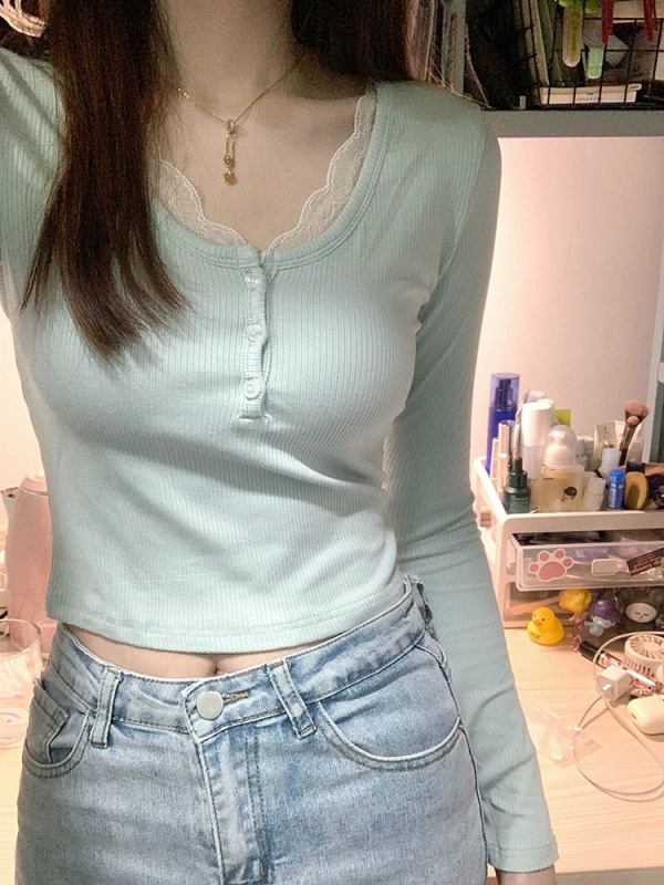 Lace long-sleeved T-shirt women's autumn and winter new German velvet bottoming shirt pure desire slim short top