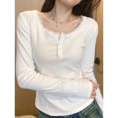 Cross-border TEMU1*1 thread 270g Pure Desire Lace Bottoming Shirt Women's Collarbone Right Shoulder Square Neck Top