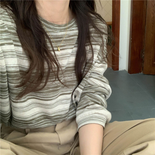 180g double brushed milk silk super hot striped round neck long-sleeved T-shirt women's autumn design loose top