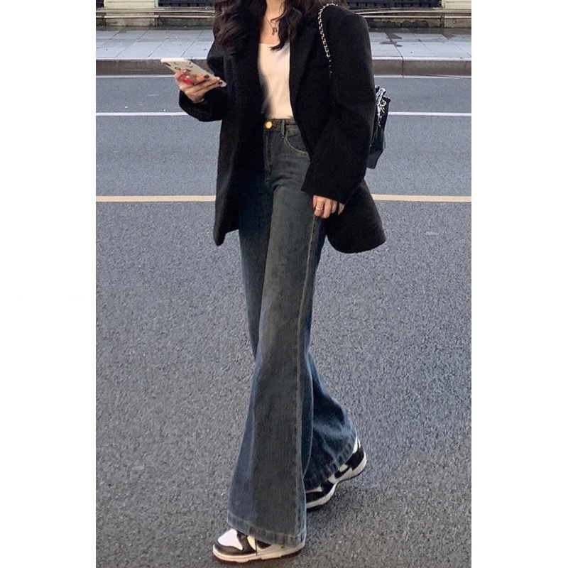 American retro wide-leg bootcut jeans for women in autumn new large-size high-waist slim pear-shaped body flared pants