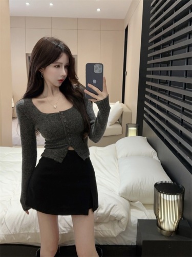 Square collar elegant long-sleeved knitted waist cardigan top + versatile slimming slit skirt pants