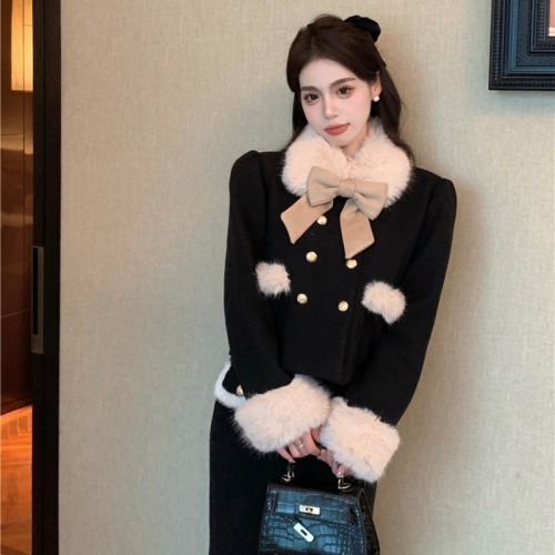 Real shot!  Xiaoxiangfeng wealthy daughter suit quilted thickened woolen jacket half length skirt two-piece set for women