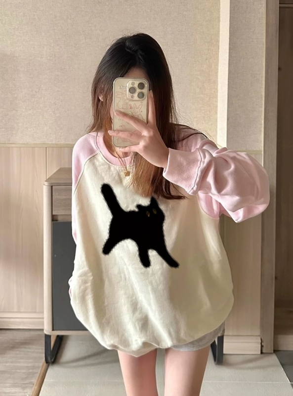 Shi Mao Hua Cotton Composite Milk Silk 300g Super Soft Silver Fox Velvet 400g Front Printed Color Block Sweatshirt for Women