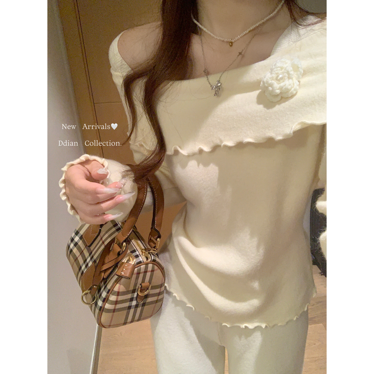 Actual shot of autumn and winter Korean style slim fit one-shoulder ear-edge Andy velvet knitted bottoming sweater top