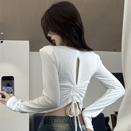 Designed hollow backless long-sleeved T-shirt for women 2024 autumn and winter new Korean style waist slimming short top ins