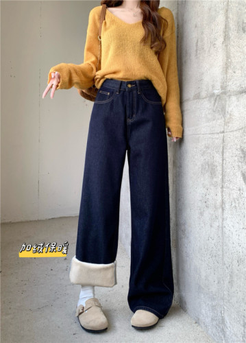Live shot~ Thick fleece loose and flattering floor-length casual wide-leg pants for women 2024 winter fashion